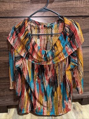 Project | Multicolor Striped Ruffle-Collar Blouse in Teal, Mustard & Red